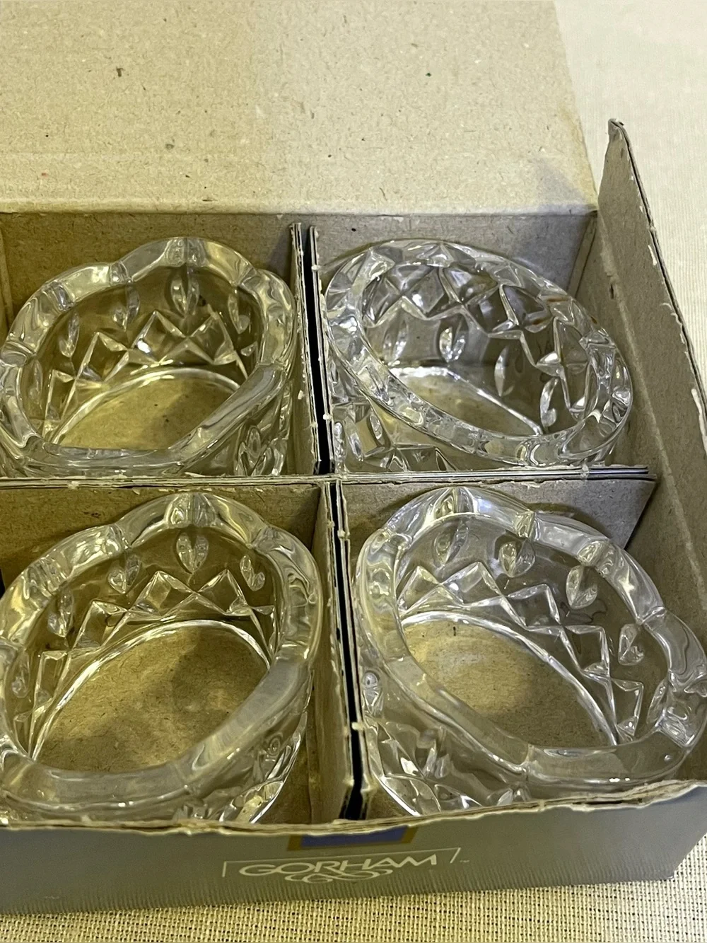 Vintage Gorham King Edward Full Lead Crystal Napkin Rings Set of 4 In Box